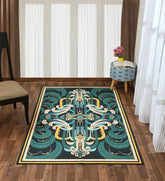 Teal and gold modern abstract machine washable rug.